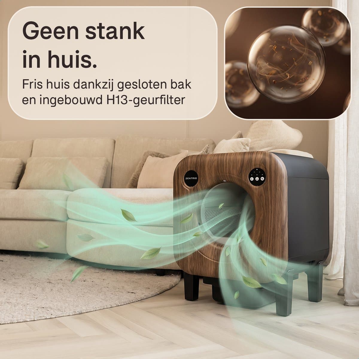 Zentriq Automatische Kattenbak – Zelfreinigend met App & 4k Camera – Cat Pod Q10 - XXL 75L – Stil & Veilig – Incl. Mat en 3 Rollen Opvangzakken thumbnail 7
