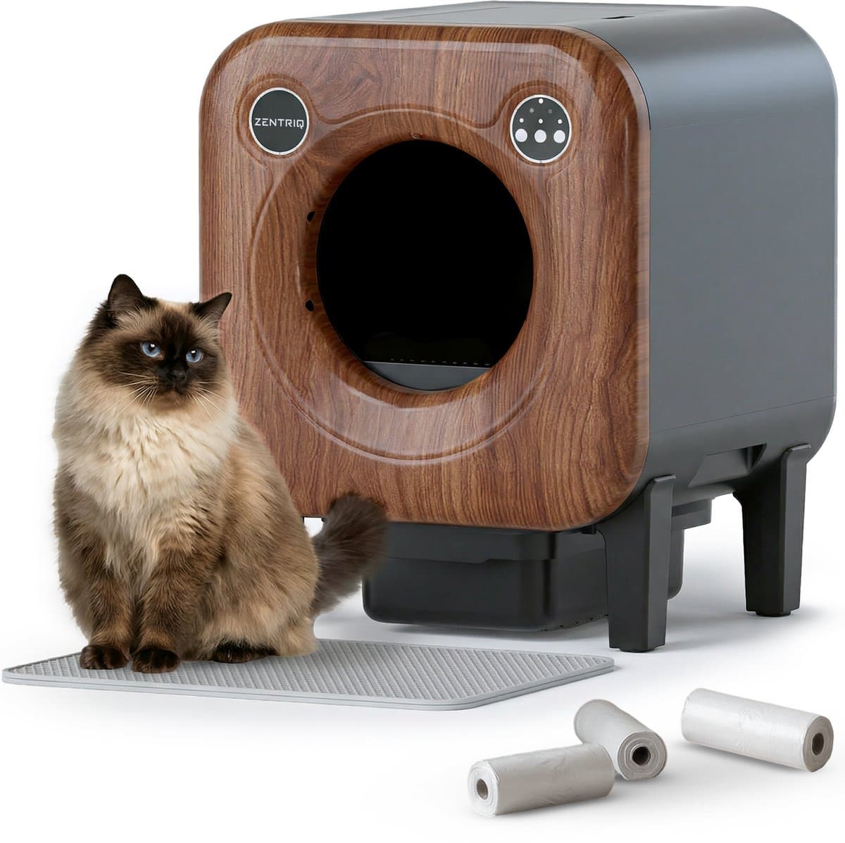 Zentriq Automatische Kattenbak – Zelfreinigend met App & 4k Camera – Cat Pod Q10 - XXL 75L – Stil & Veilig – Incl. Mat en 3 Rollen Opvangzakken