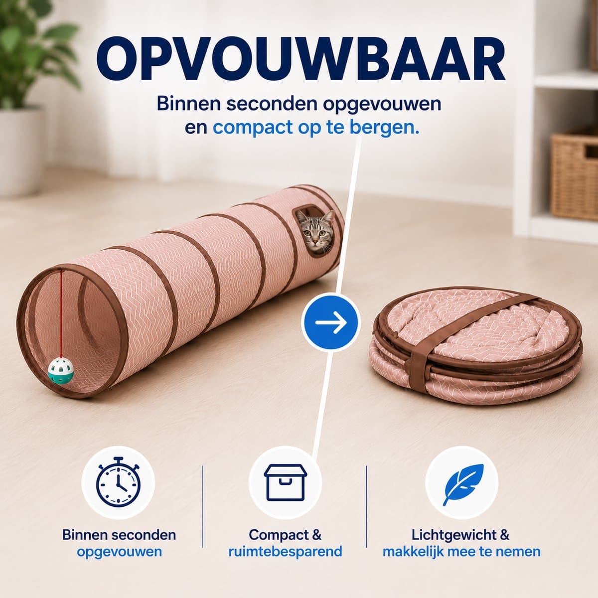 Opvouwbare Kattentunnel - Kattenspeeltunnel Incl. Speelbal - Multifunctionele Speeltunnel Kat - Lichtgewicht Tunnel Kat - Katten Speelgoed - Kattenspeeltjes - Kat Tunnel - Kitten Speelgoed - Kruiptunnel Kat - Huisdier Spelletjes - Beige - Pet Ville thumbnail 3