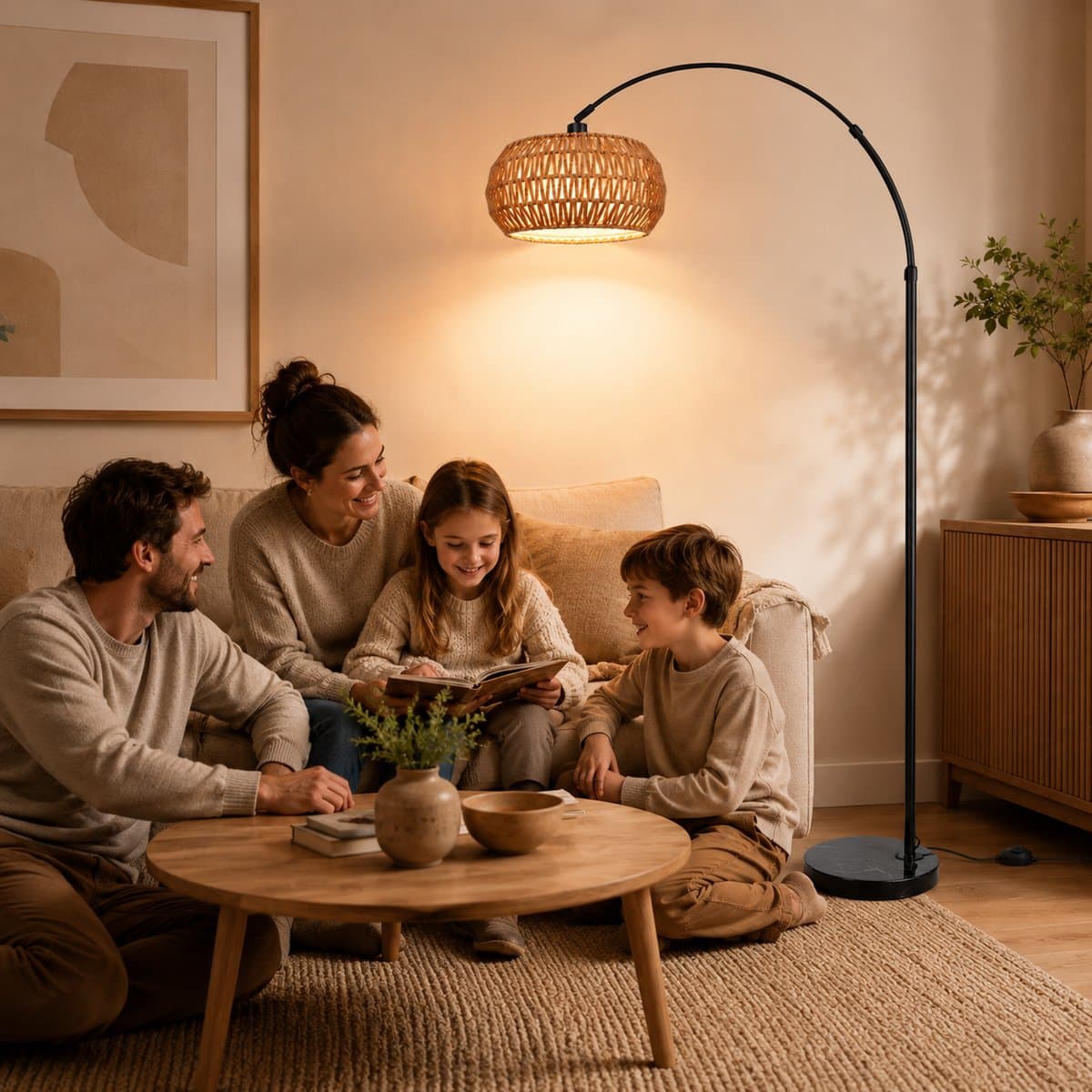 MUPOO Boho vloerlamp Booglamp met Rotan Kap met 360° draaibare arm & Marmeren voet- Hoogte Verstelbaar Staande Lamp met 3-in-1 Design & Traploos Dimbaar - Sfeerverlichting Woonkamer & Kantoor thumbnail 8