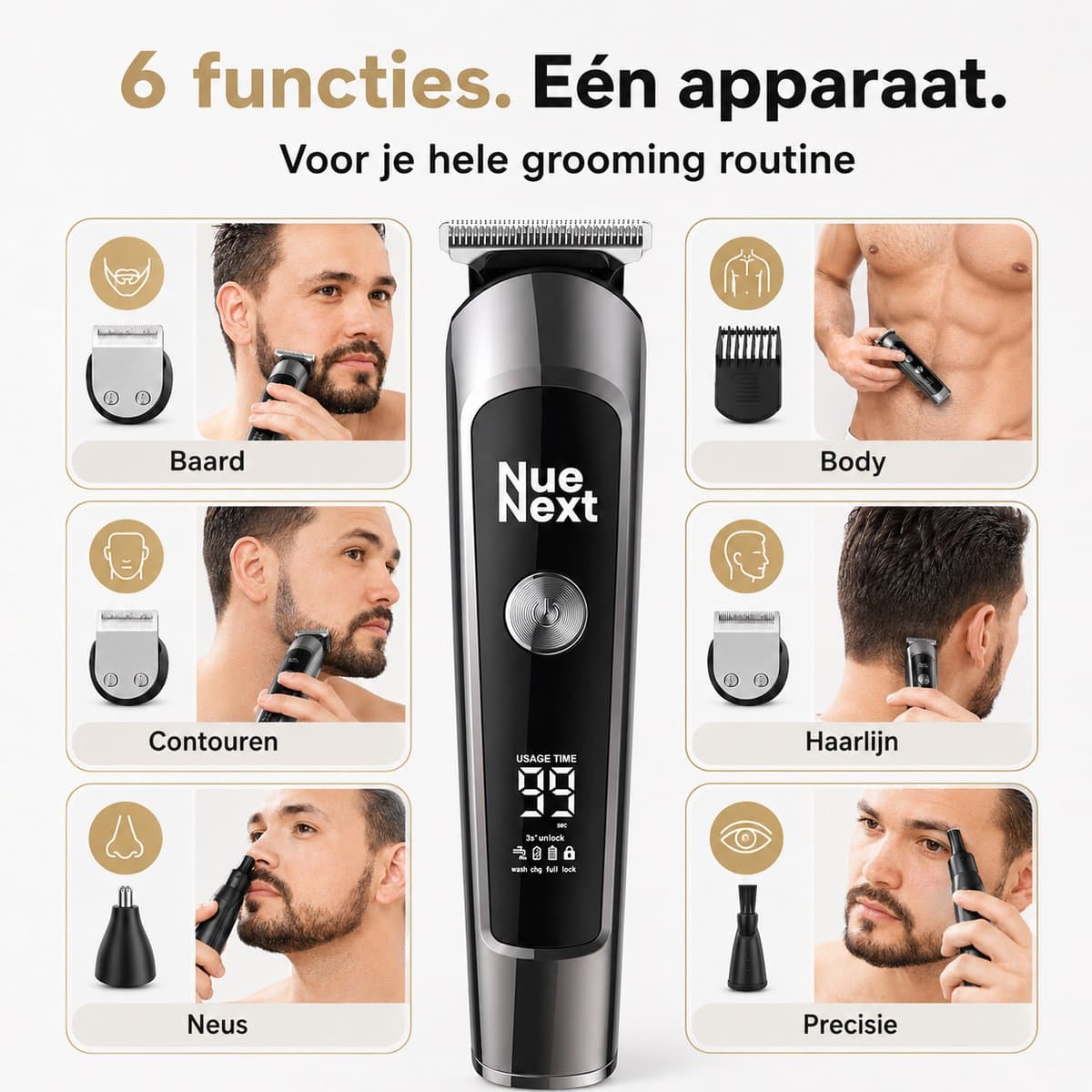 NueNext 6 in 1 Baardtrimmer Mannen PRO - Trimmer Baard & Lichaam - Neustrimmer - Bodygroomer - IPX6 Waterdicht - Incl. 6 opzetstukken thumbnail 2
