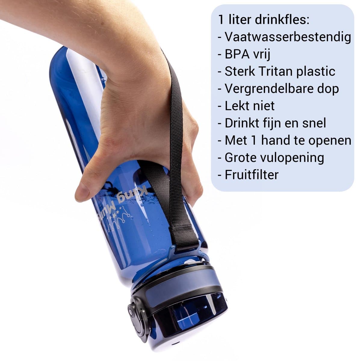 King Mungo Drinkfles 1 Liter Transparant Donkerblauw - 100% Lekvrij & BPA-vrij Tritan - Waterfles & Sport Bidon Volwassenen -Vaatwasserbestendig Zonder Rietje - Drinkbus 1000ml thumbnail 3