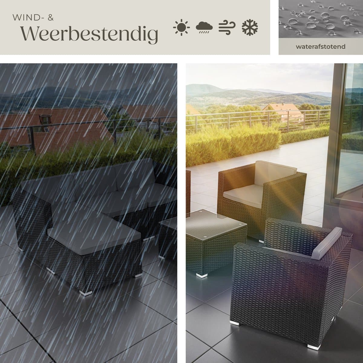 tectake® wicker Loungeset, buitenzitgroep, set met bank, 2 fauteuils, kruk, tafel, vrij combineerbaar, tuinmeubelen voor 5-6 personen, voor tuin, terras, balkon, inclusief kussens - zwart - poly-rattan thumbnail 2