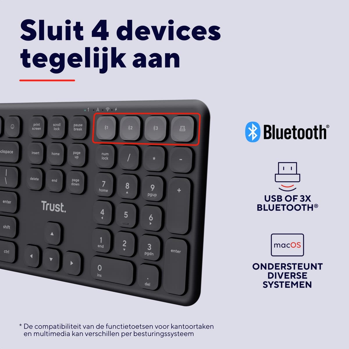 Trust Vaiya - Draadloos Toetsenbord - Multidevice - Full-size Numpad - Scissor Toetsen - US/QWERTY - Zwart thumbnail 3