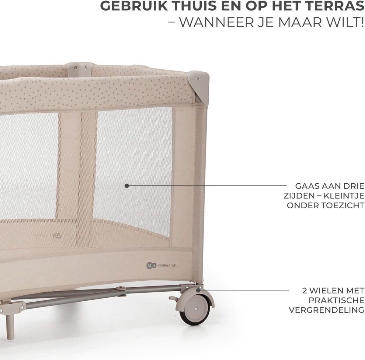 Kinderkraft JOY 2 ACC Reisbed 3-in-1 – Voor baby's tot 15 kg – Snel inklapbaar – Inclusief speelcarrousel, luierplateau, aankleedonderlegger en draagtas – Beige thumbnail 8