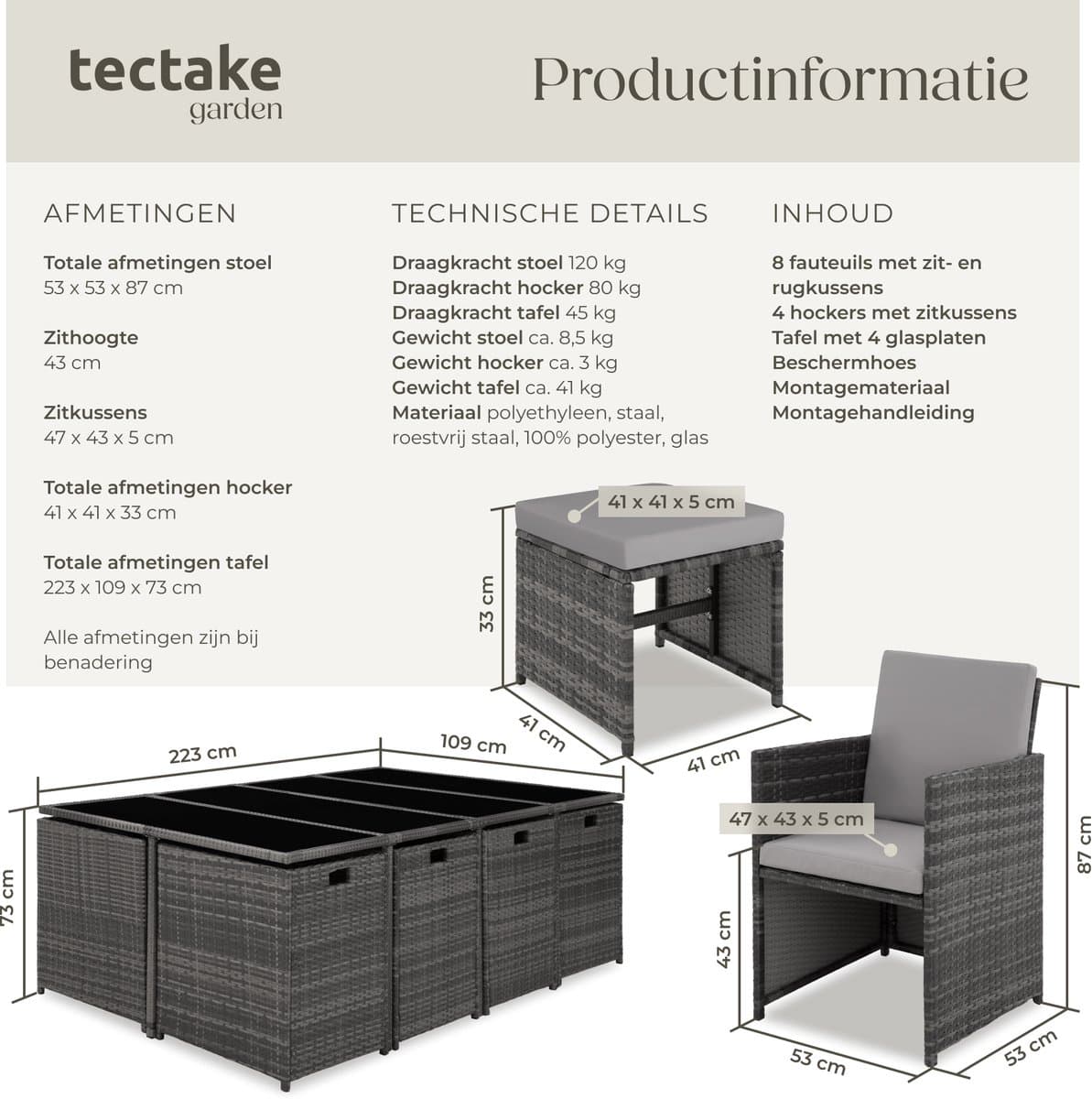 tectake® - Wicker tuinloungeset - Polyrotan tuinmeubelset, 8+4+1 zitgedeelte, 8 stoelen, 4 krukken, 1 tafel - Incl. beschermhoes, voor tuin, balkon, terras - grijs/lichtgrijs thumbnail 8
