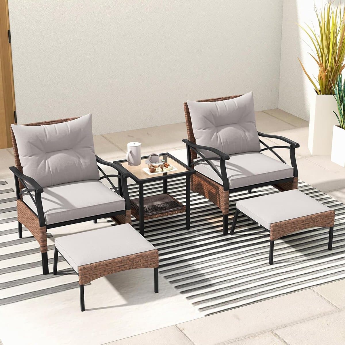 COSTWAY 5-delige rotan tuinmeubelset, 2-traps bijzettafel, 2 stoelen met kruk, terrasmeubels, balkonmeubels 2 personen, tuingarnituur incl. zitkussens en rugkussens thumbnail 5