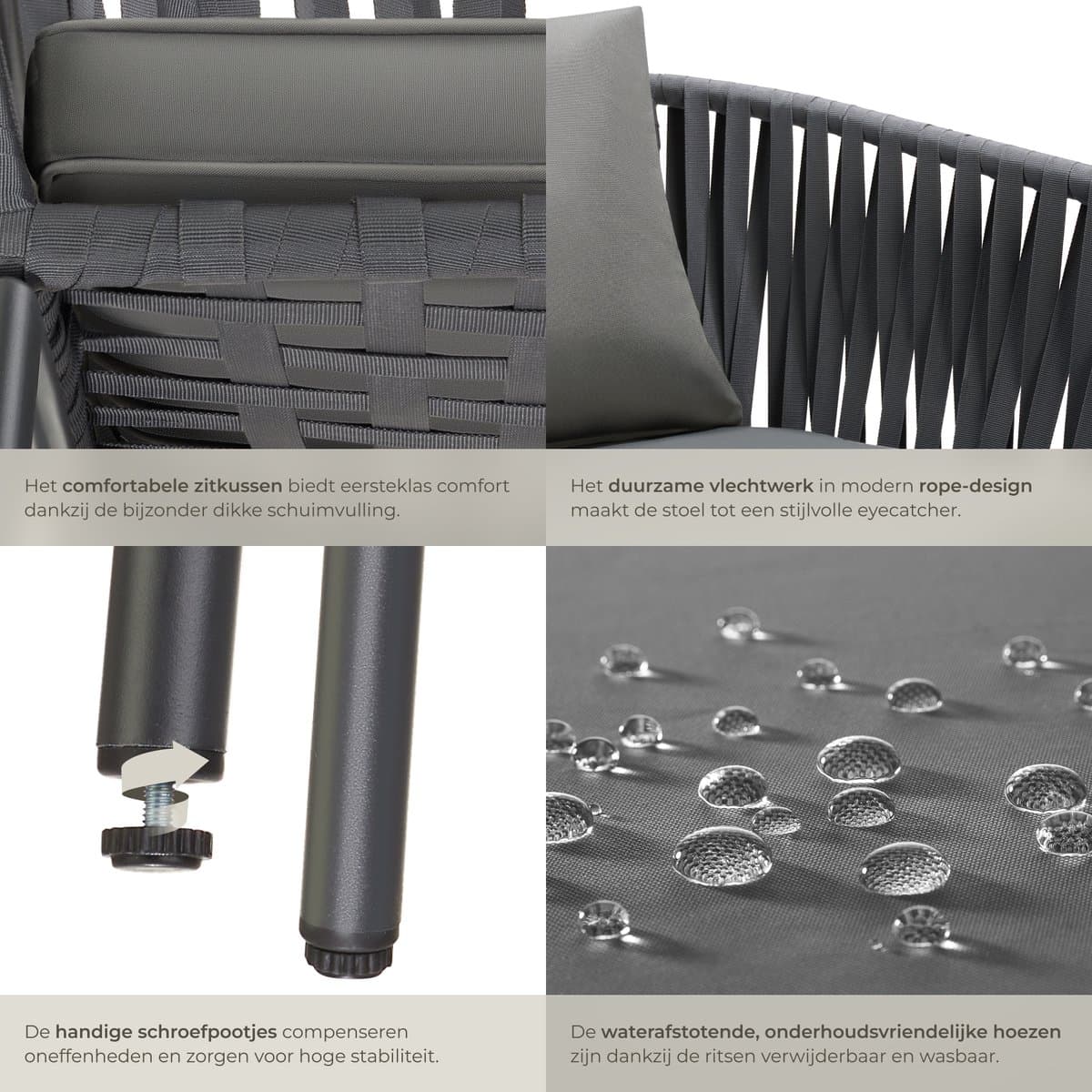 tectake® Tuinstoelen Valeiras - Set van 4 - Metalen Buitenstoel met Rope Design - Terrasstoel met Armleuningen - Tuinstoel - Tuin Fauteuil - Tuinmeubels - Tuinset met Waterafstotende Kussens en Verstelbare Poten thumbnail 3