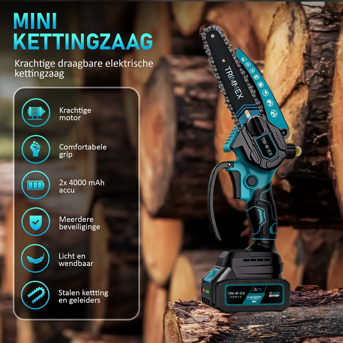 Trimmex® Mini kettingzaag + Telescopische steel - Inclusief 2 Led-Accu's - 2X 4000mAh - Elektrisch Handkettingzaag - Snoeizaag - Takkenzaag - Handzaag - Boomzaag - Automatische Kettingsmering - Brushless thumbnail 3