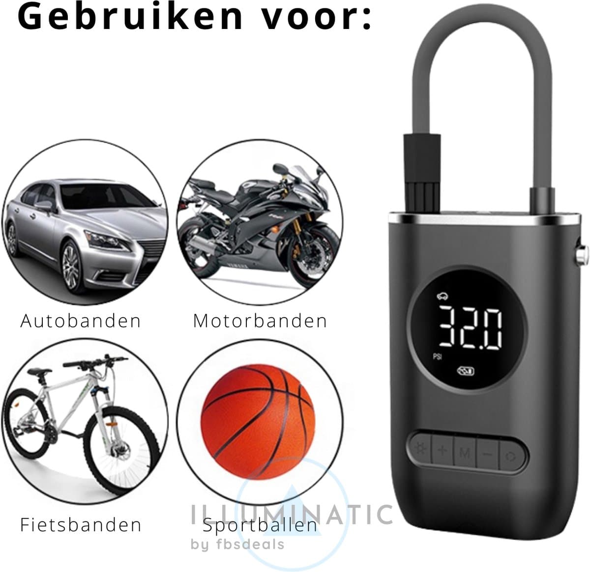 Draagbare Luchtpomp - Elektrische Luchtpomp - Lucht Pomp - Fiets Pomp - Auto Luchtpomp - Elektrische Fietspomp - Bandenpomp - Compressor Bandenpomp - Compressoren - Inflator Pomp - Draadloze Luchtpomp | Illuminatic® | USB Oplaadbaar | Zwart thumbnail 2