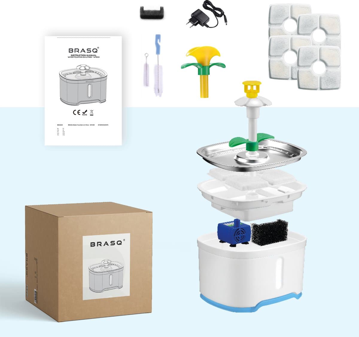 BRASQ Drinkfontein kat en hond 2,5 Liter - Waterfontein - Kattenfontein - Waterdispenser - Dieren drinkbak - Wit - BPA vrij - geruisloos - Inclusief 4 reservefilters + accessoires thumbnail 8