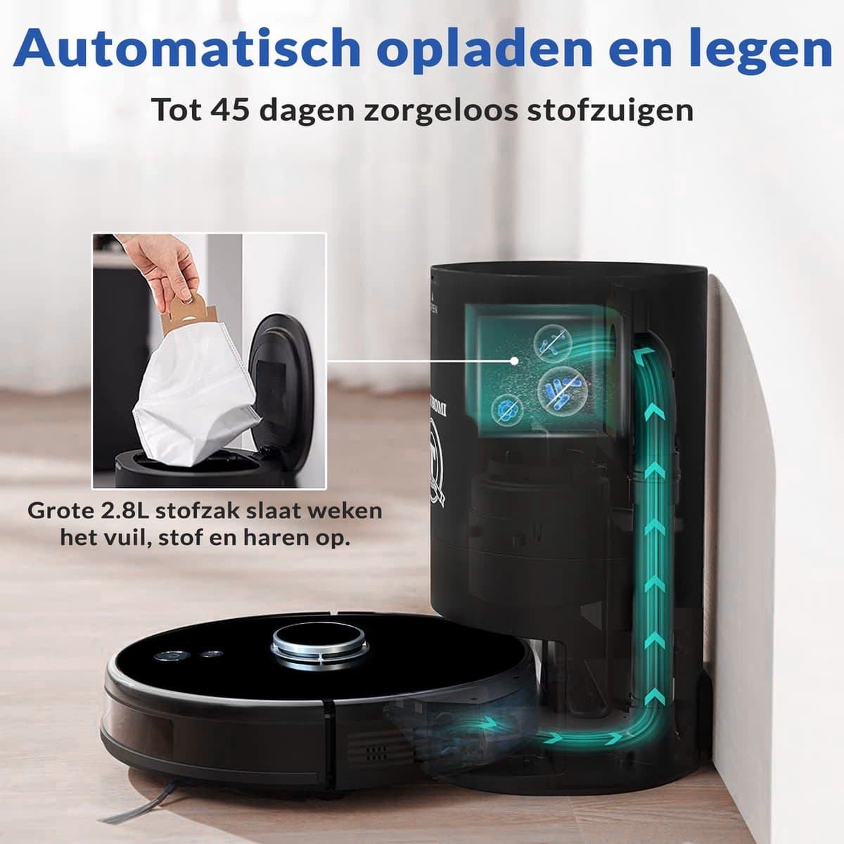 TONIHOMI® V8pro Robotstofzuiger Met Dweilfunctie - Robotstofzuiger met leegstation - Robotstofzuiger met laadstation - LDS Laser navigatie - Robotstofzuiger huisdieren - Dweilrobot - Zwart thumbnail 5
