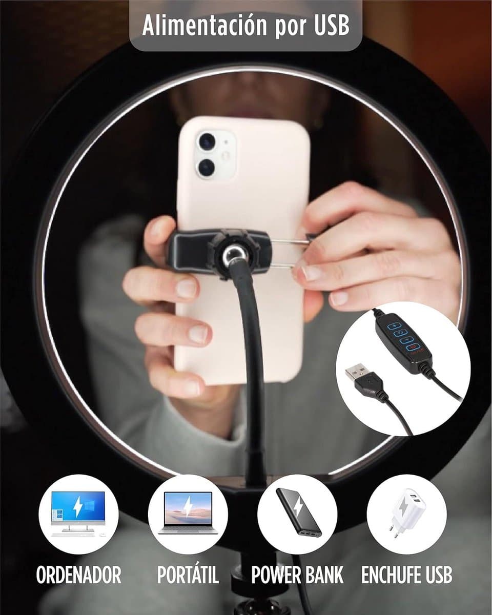 Lichtring voor bureau - dimbaar LED-ringlicht - mobiele telefoon - 3 lichttemperaturen - 10 helderheidsniveaus - ringlicht - TIK Tok - fotografie - selfie thumbnail 3