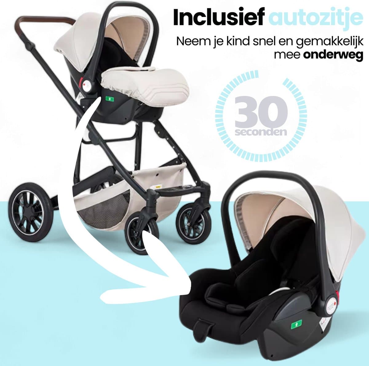 Lunola Luna - Kinderwagen 3-in-1 - incl. autostoel - 0-22kg - XXL - Wandelwagen - Multifunctionele Buggy 3in1 - Wit thumbnail 6