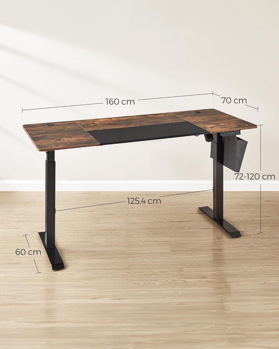 Elektrisch Zit-Sta Bureau – 70x160x(72–120) cm – In Hoogte Verstelbaar – 4 Geheugenstanden – Vintage Bruin/Zwart – Geluidsarm <50 dB – Kabelmanagement – Opbergvak – Draagkracht 80 kg thumbnail 3