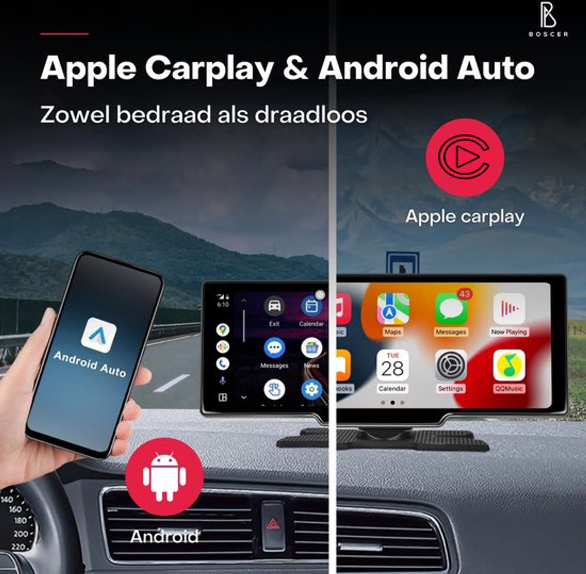 Boscer Smart FULL HD 4K Dashcam - 10.26 Inch Touchscreen - Apple Carplay & Android Auto (Draadloos) - FM Transmitter - Touchscreen - Bluetooth, SD, USB, Aux - Autoradio - AHD Achteruitrijcamera thumbnail 2