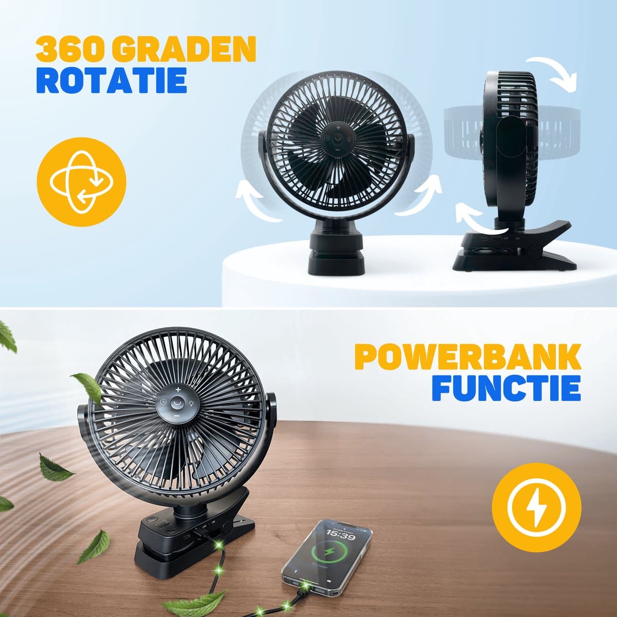 Vulpes Goods® Tech - Tafelventilator MAX - Ventilator - Oplaadbaar & Draadloos - Stille USB Ventilator met Afstandsbediening - 5 Snelheden & Verlichting - Ultra Stil - 12000 mAh & Powerbankfunctie - Zwart thumbnail 6