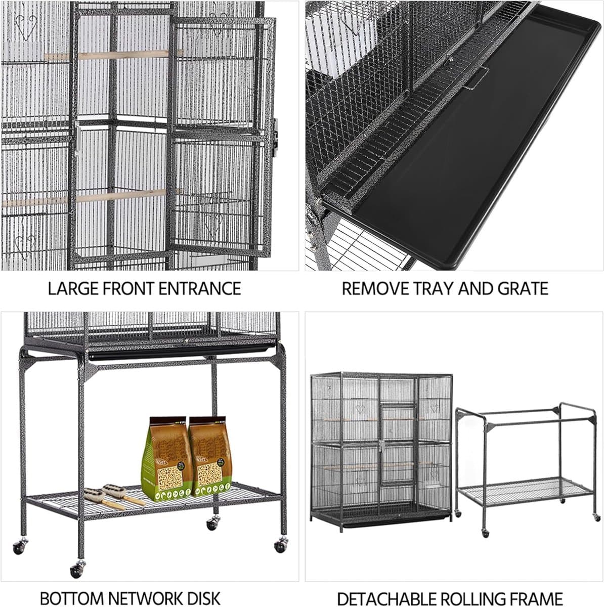Vogelkooi Volière Parkiet Buiten Binnen Metaal op Wielen Afneembare Houder,met 4 wielen, 47 x 81 x 160 cm, HMTM-BC-10031-BLACK thumbnail 2