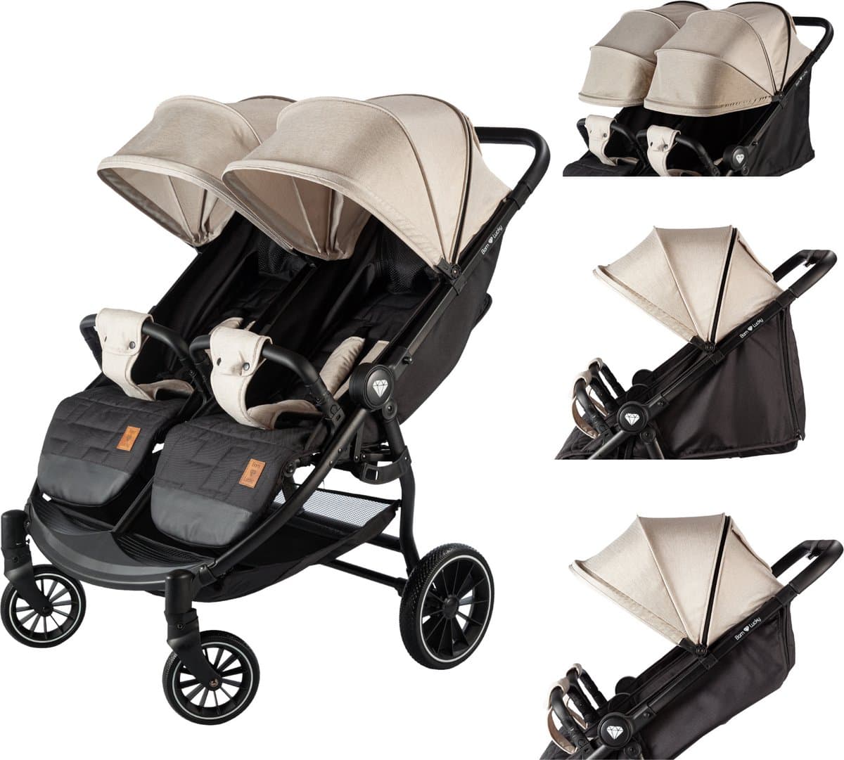 Born Lucky Ranger Duo Buggy Kinderwagen Tweeling Buggy Inklapbaar Lichtgewicht Dubbele Buggy Met Verstelbare Rugleuning en Zwenkwielen – Beige