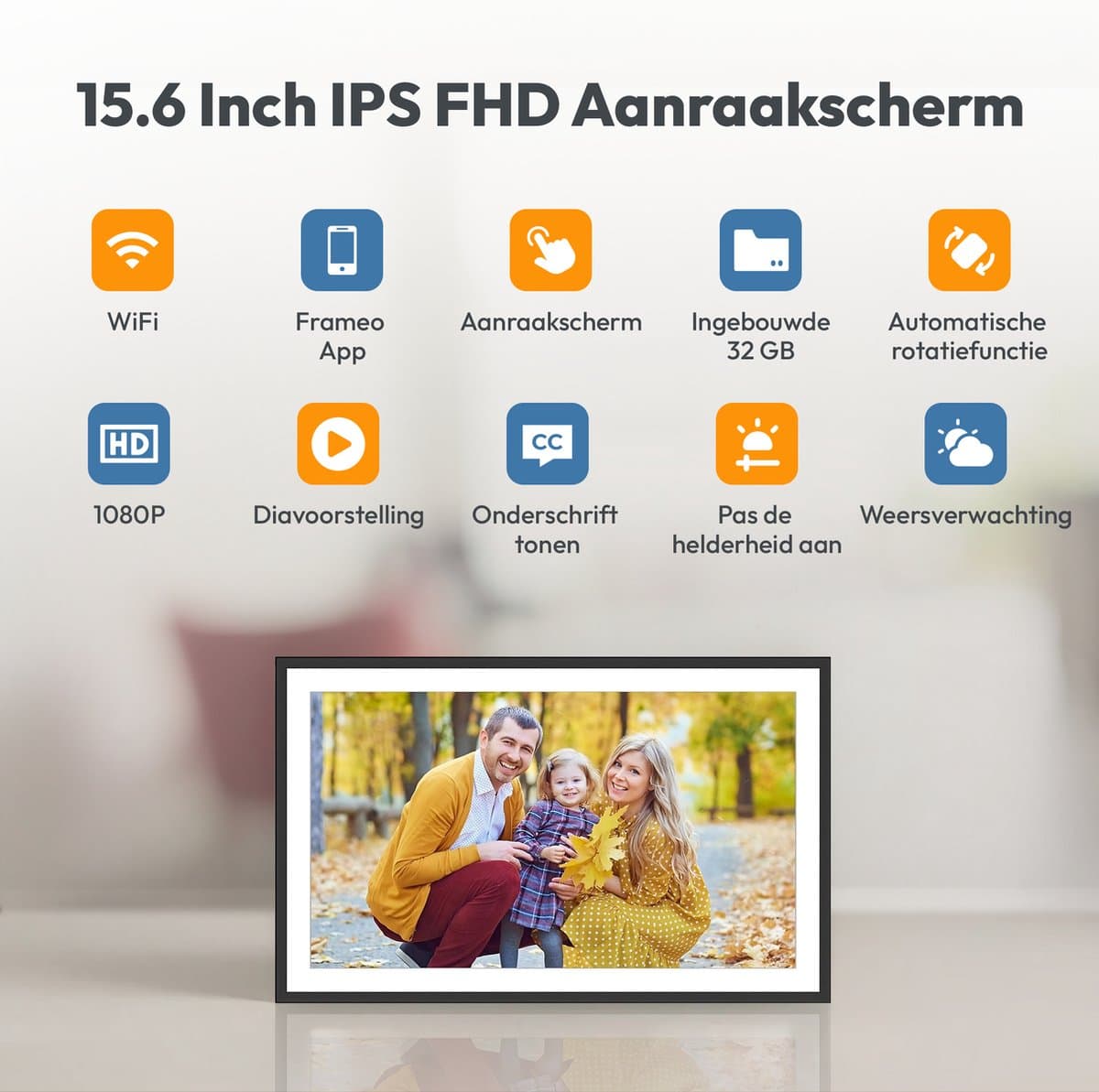 Digitale fotolijst met WiFi en Frameo App - 15.6 inch HD+ IPS Display - Fotokader met Touchscreen - 32GB - Zwart/Wit - frameo digitale fotolijst - digitale fotokader - digitaal fotolijstje thumbnail 3
