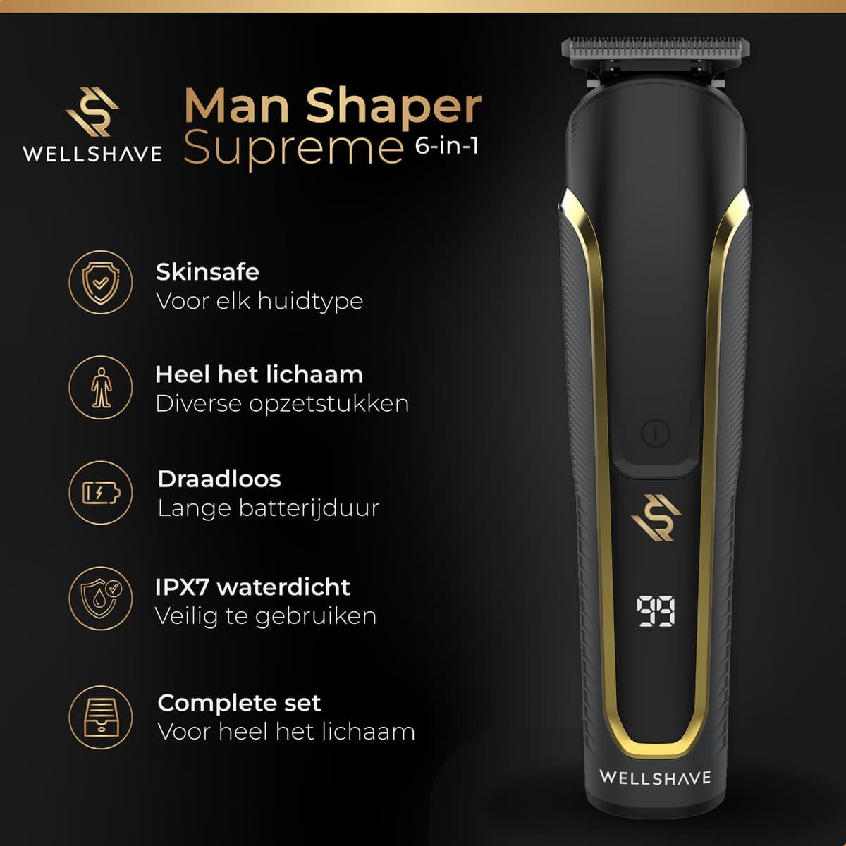 Wellshave 6 in 1 Baardtrimmer Supreme - Trimmer Baard & Lichaam - Neustrimmer - Bodygroomer - IPX7 Waterdicht - Incl. 6 opzetstukken - Vaderdag Cadeau thumbnail 2