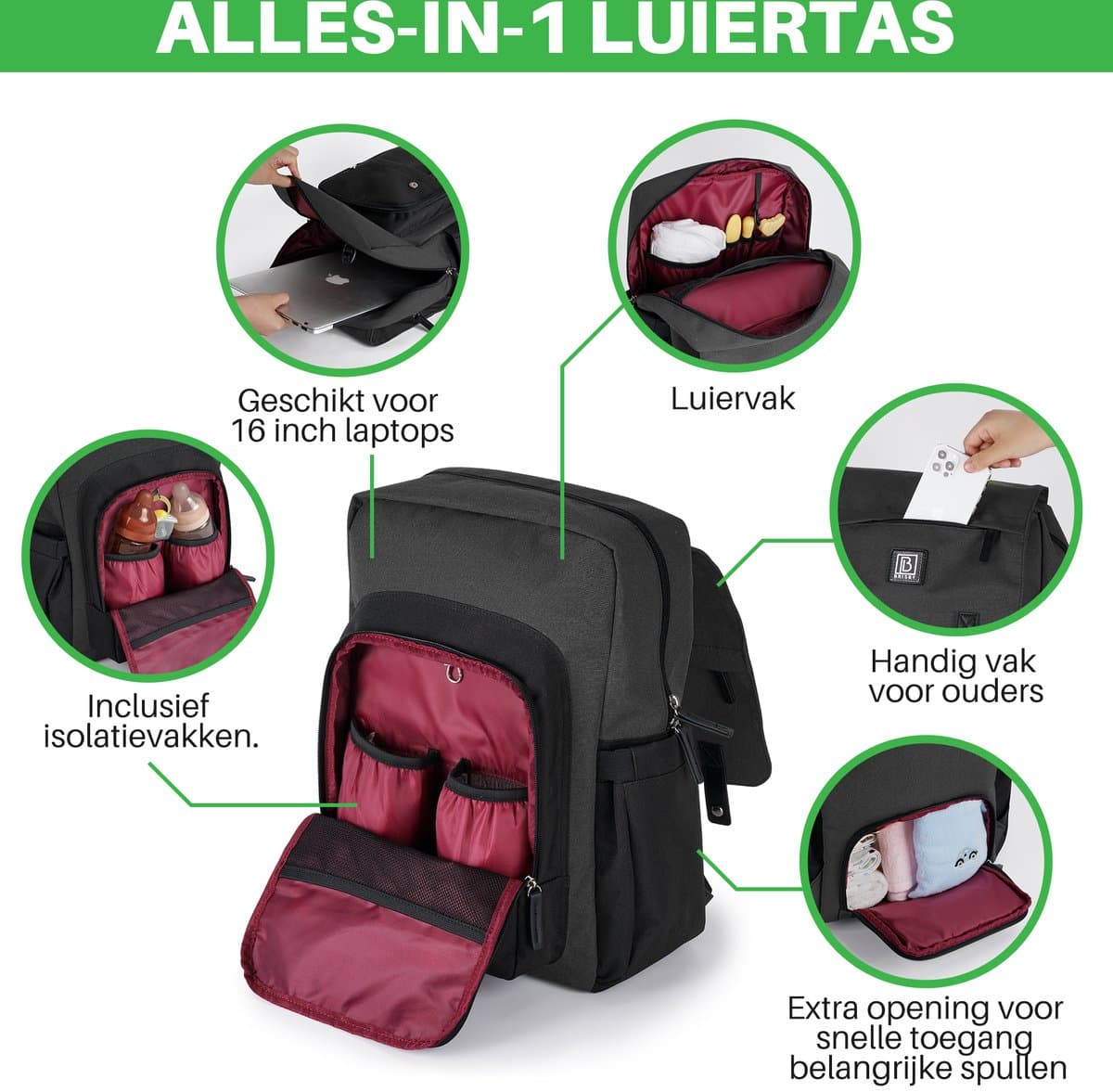 Brisby slijtvaste Luiertas – verzorgingstas - Two Tone Zwart en Donkergrijs - Inclusief Verschoonmatje - Isoleervakken - Met Geïntegreerde Kinderwagen haken thumbnail 2