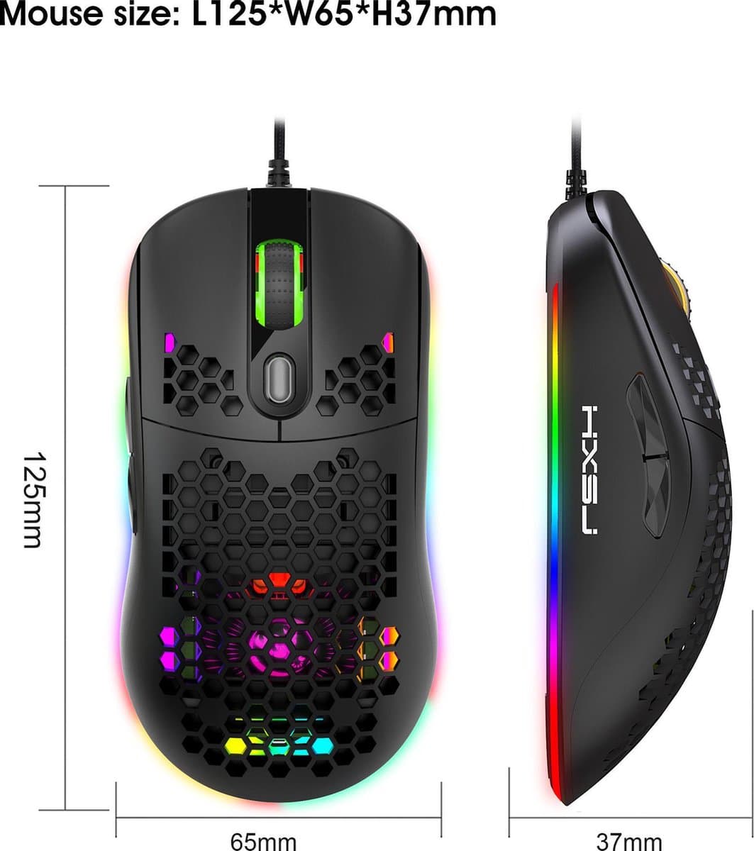 HXSJ X600 Optisch Gaming Muis - 8000DPI - Ultra licht - RGB Verlichting - Computermuizen - Compact Voor Onderweg - Zwart thumbnail 3