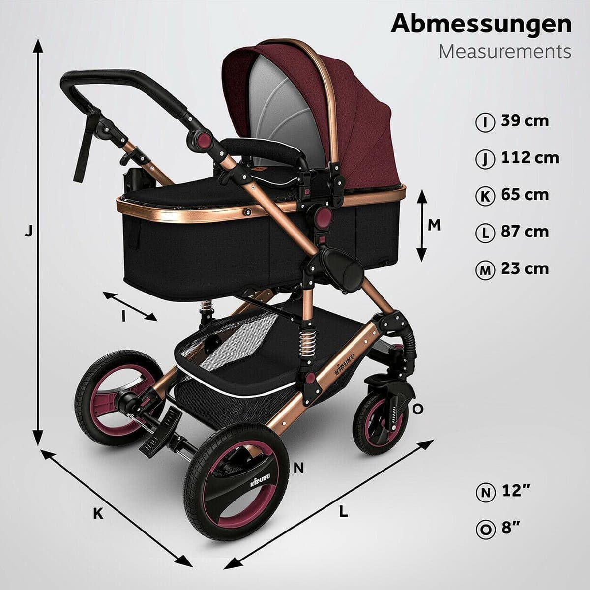 KIDUKU- 3 in 1 combi-kinderwagen- bordeaux- zwart-goud- buggy incl. autostoeltje-regenhoes- inklapbaar thumbnail 6