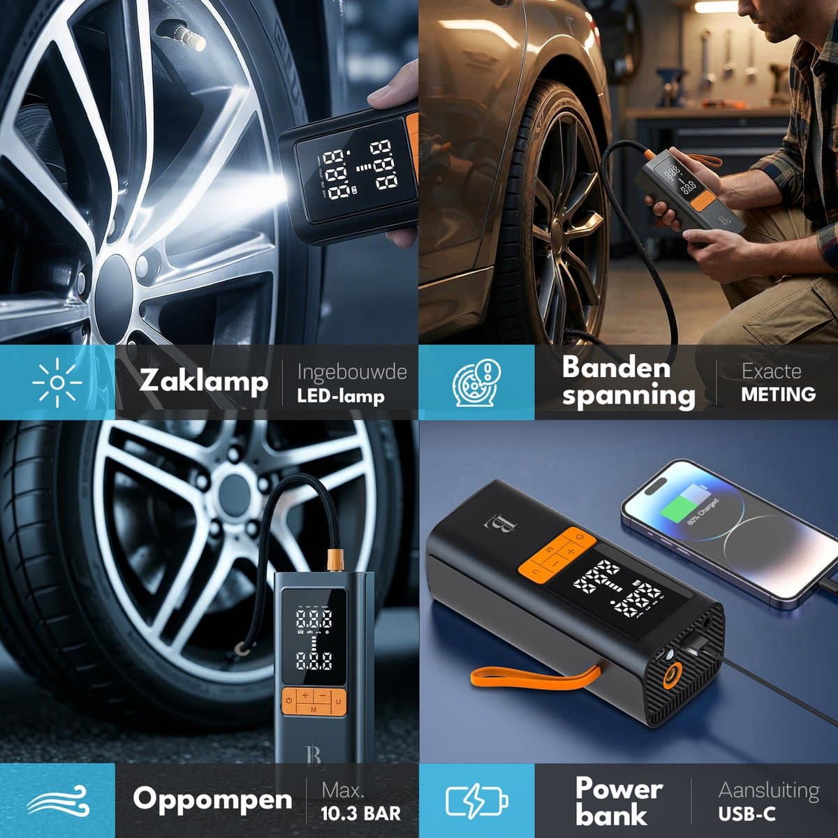 Elektrische Bandenpomp 4-in-1 - Tot 10.3 Bar - Auto, Fiets, Motor & Bal - Luchtcompressor - Autobanden Pomp - Elektrische Fietspomp - 6000 mAh Powerbank - Blissify thumbnail 2