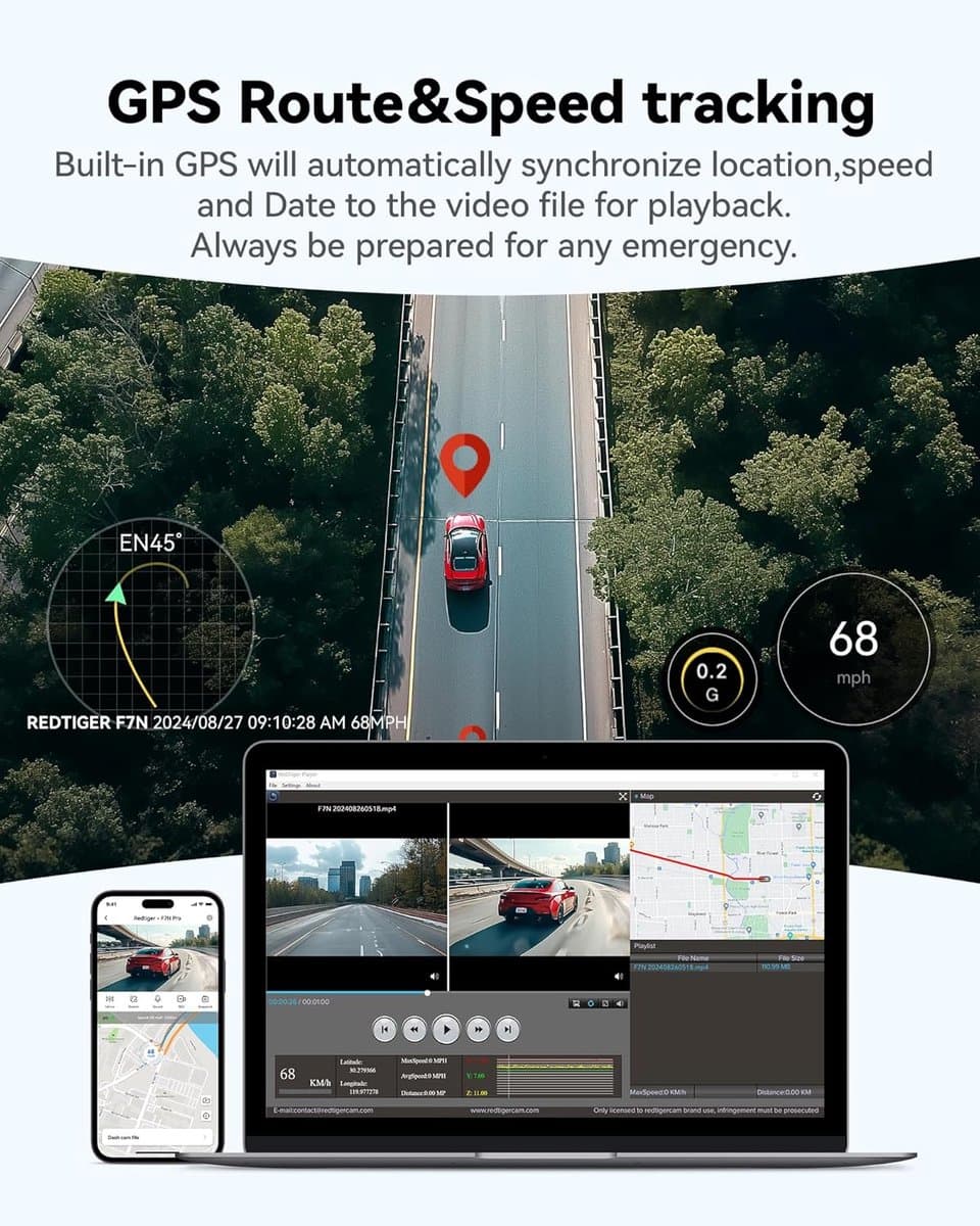 RedTiger F7N Pro Dual Dashcam voor auto - 4K & 1080p - Voor en achter Camera - WiFi en Gps - 3,18 inch LCD met App - Sony Sensor - Nachtzicht - Parkeerbewaking - G Sensor - Loop opname thumbnail 7