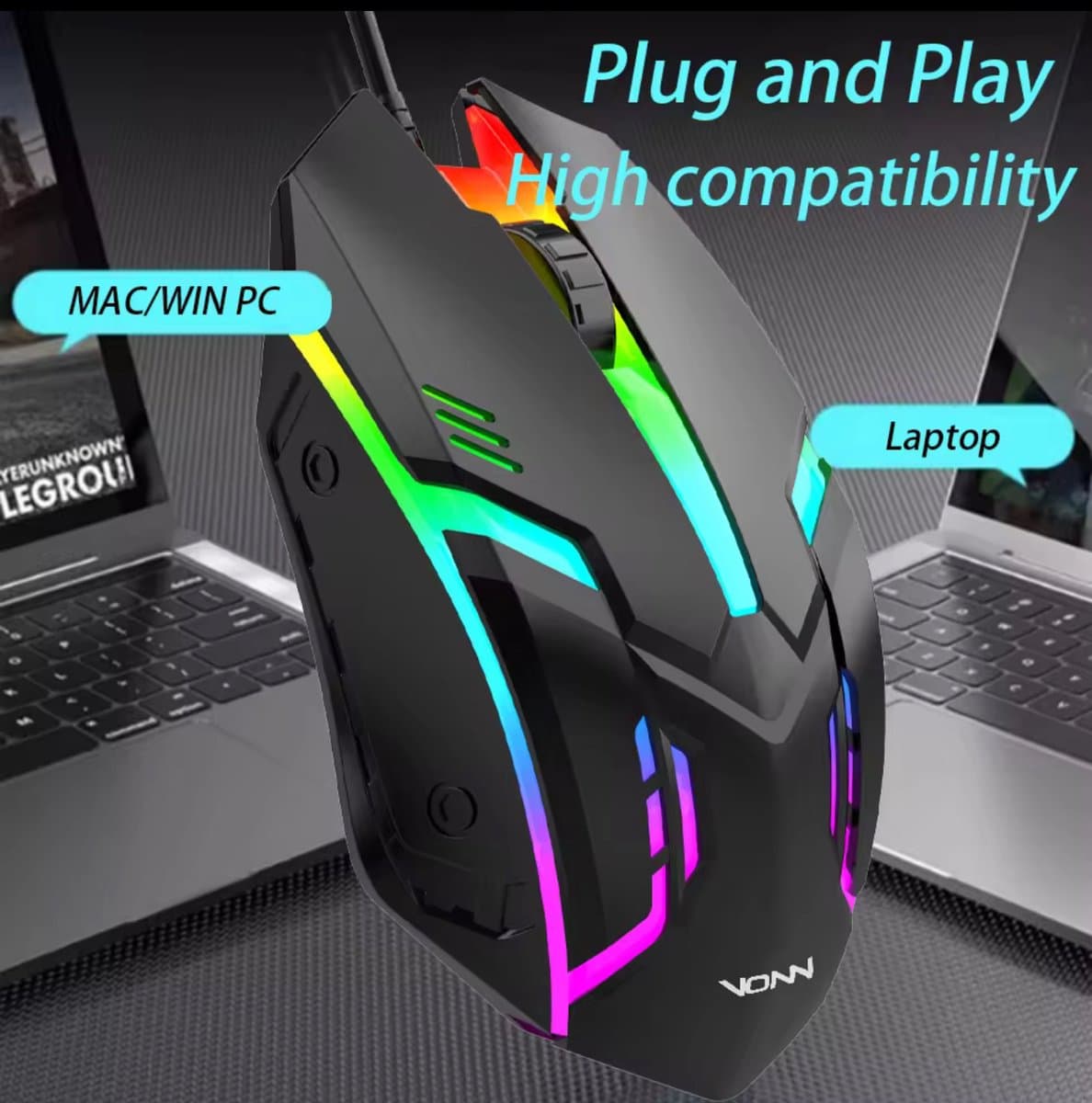 Gaming Muis RGB – V1 Bedrade USB Muis 1200 DPI – Ergonomische Optische Game Mouse – Voor PC, Laptop & Windows/Mac – Zwart thumbnail 2