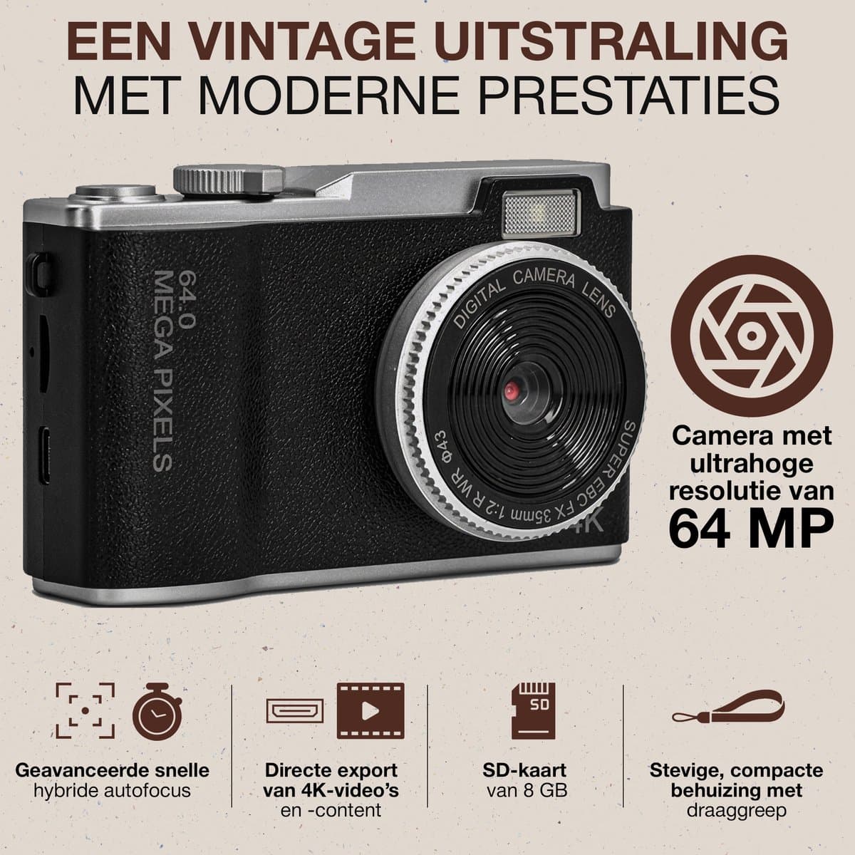 EMS Pro Smart Retro Camera met Scherm - Digitale Fotocamera - 64 Megapixel - Ingebouwde Filters - Video's & foto's - Minimalistisch Vintage Design - Met Xenon Flits - Oplaadbaar - 8GB - Zwart thumbnail 5