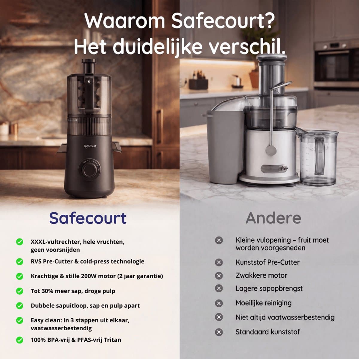 Safecourt Kitchen Slow Juicer XXL - krachtige motor [Pre-cutter & Cold-press technologie] - eenvoudige reiniging - BPA-vrij - sapcentrifuge Zwart thumbnail 6