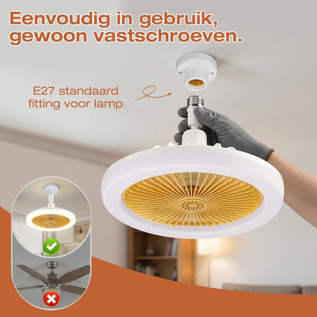 MUPOO Plafond ventilator met LED verlichting E27 Fitting met 360° Draaibaar - APP & Afstandsbediening -Eenvoudige Installatie -Snel te Installeren - 3 Snelheden & Dimbaar - Mini lamp ventilator plafond Voor Slaapkamer & Keuken -Geel thumbnail 7