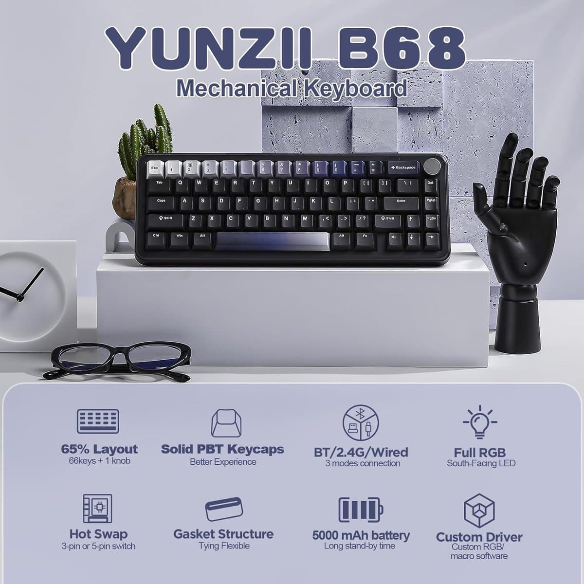 YUNZII B68 - Mechanisch Gaming Toetsenbord - RGB Verlichting - 65% Layout - Hot-Swappable - Cherry Profile - PBT Keycaps - Draadloos - Zwart thumbnail 4
