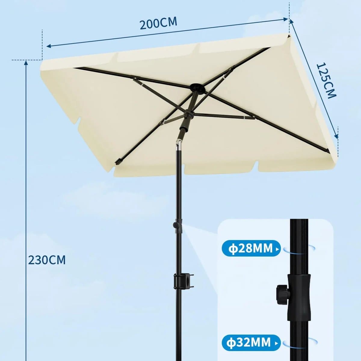 Rolu Balkon Parasol – Parasol – 200 x 125 CM – UV50+ - Kantelbaar – Verstelbare Hoogte – Ruimtebesparend - Beige thumbnail 6