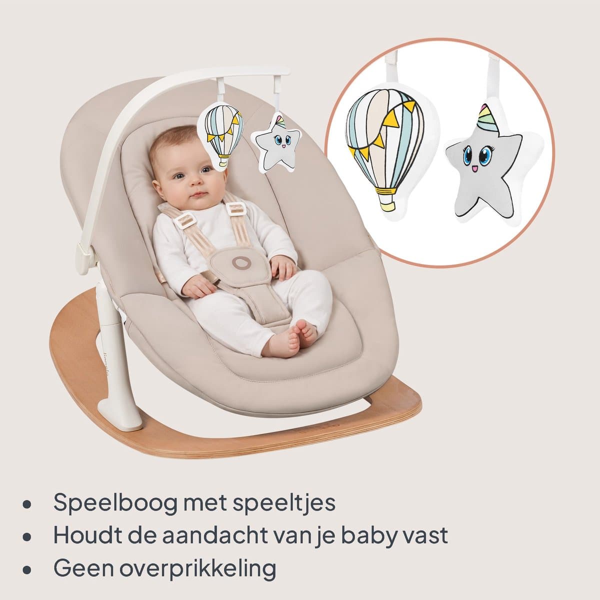 Lionelo Celia Rocker - Wipstoel Baby - Houten - 2 rugstanden - 5-puntsgordel - Speelboog met 2 speeltjes - Wood - Bouncer / Swing thumbnail 6