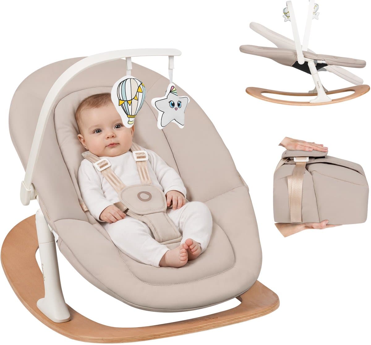 Lionelo Celia Rocker - Wipstoel Baby - Houten - 2 rugstanden - 5-puntsgordel - Speelboog met 2 speeltjes - Wood - Bouncer / Swing thumbnail 2