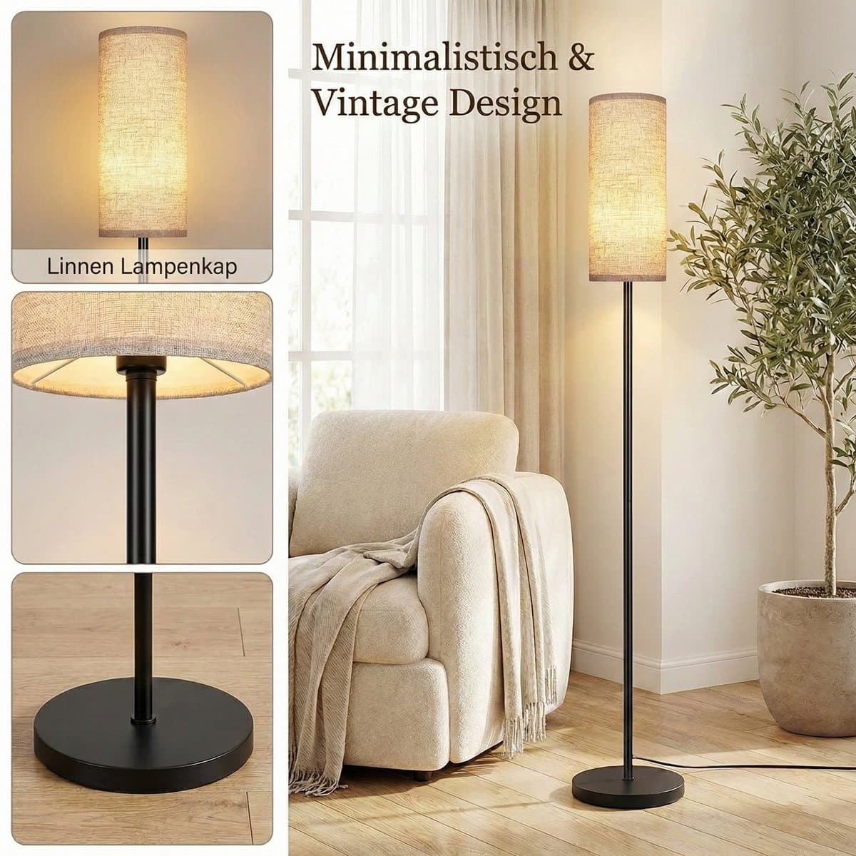 MUPOO Scandinavisch Vloerlamp met Linnen Kap 173cm- Hoeklamp Ruimtebesparend -Incl 3-Kleuren Staande Lamp- Voetschakelaar -voor Woonkamer & Kantoor thumbnail 4