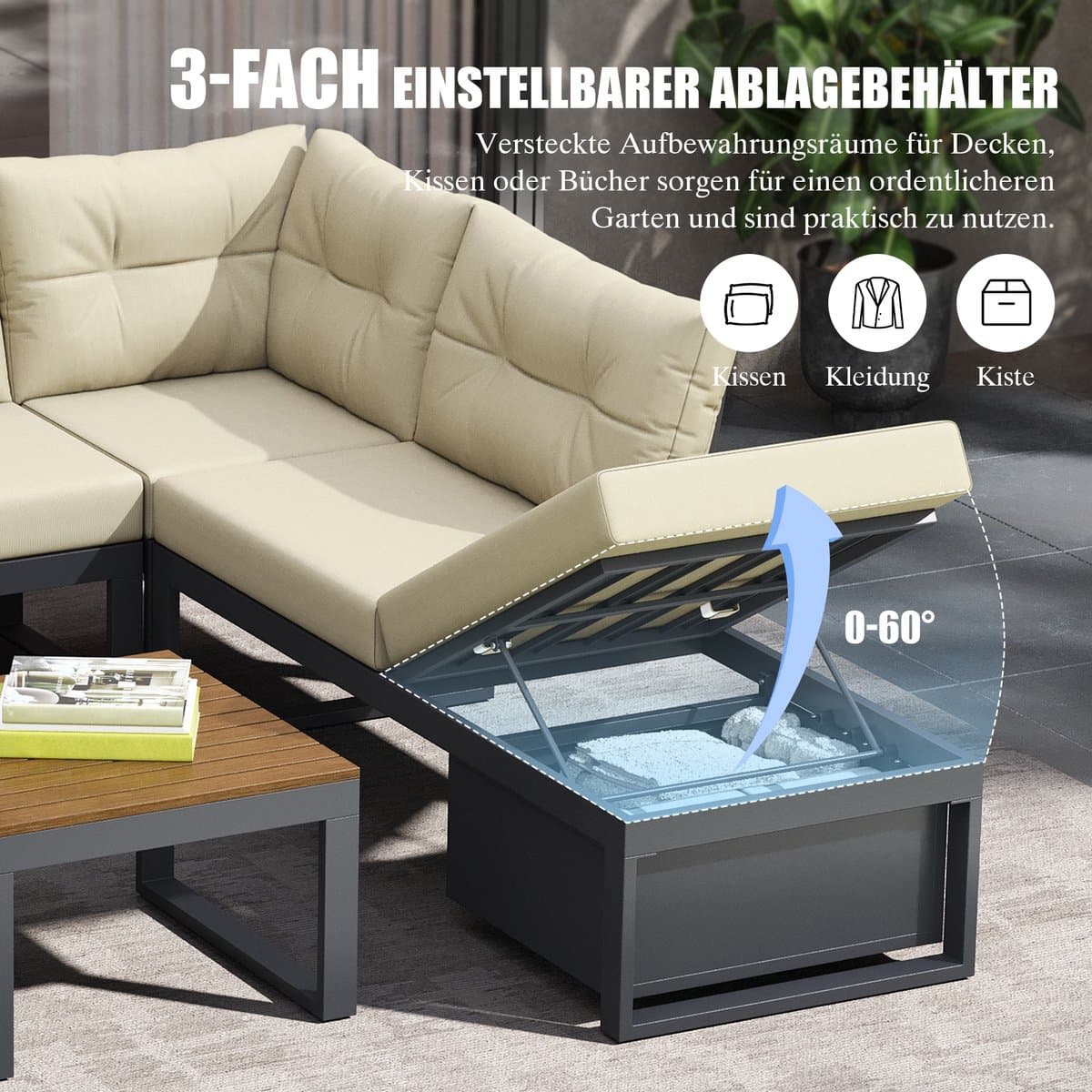 Sweiko Tuin loungeset - Hoekbank + salontafel - Verstelbare rugleuning - Met kussens - Opbergruimte - Beige thumbnail 4