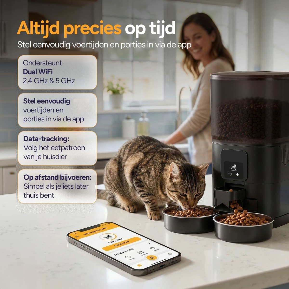 Viervoeter Feed Dual - Automatische Voerbak 7L - Kat en Hond - Voerautomaat met App & Audio - Zwart thumbnail 2