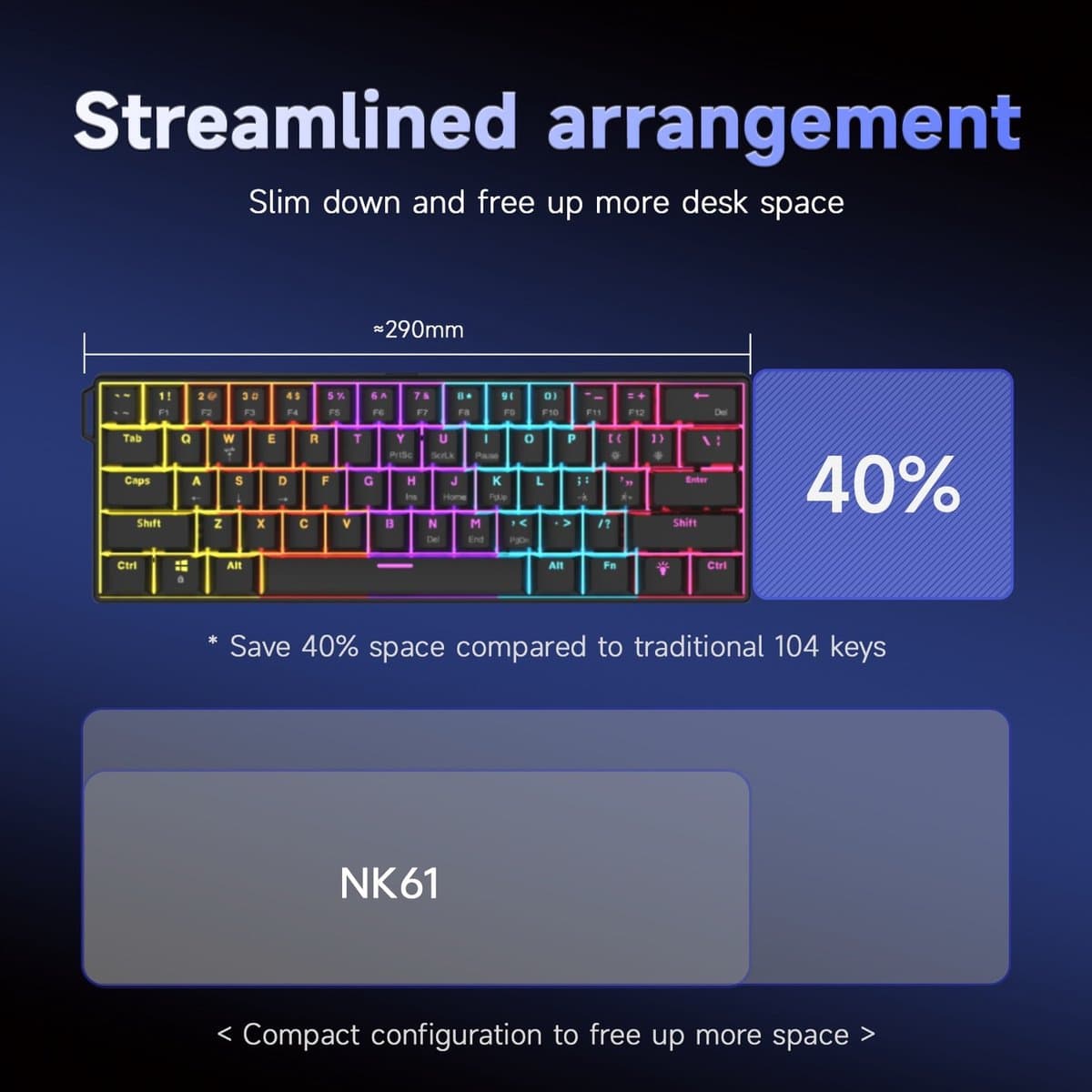 AJAZZ NK61 RGB Mechanisch Toetsenbord – 60% Gaming Keyboard – Hot Swappable – Rode Switches – 61 Toetsen – USB Bekabeld – Zwart thumbnail 6
