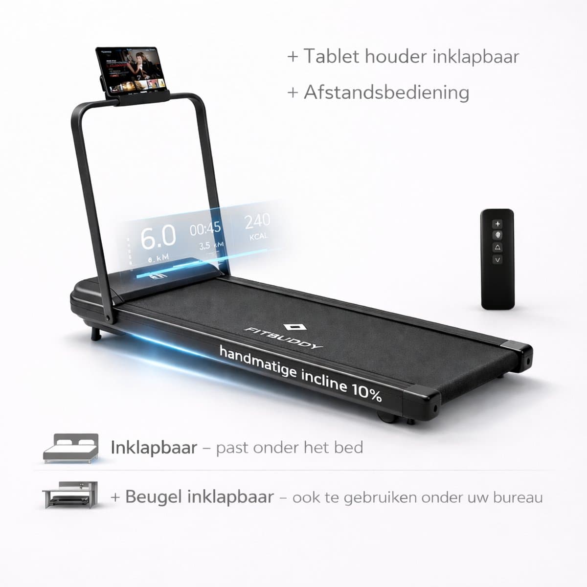 Fitbuddy XM-U1 Loopband voor Thuisgebruik – Compacte Walking Treadmill met Handmatig Verstelbare 10% Helling, LED Display & Afstandsbediening - afbeelding 1