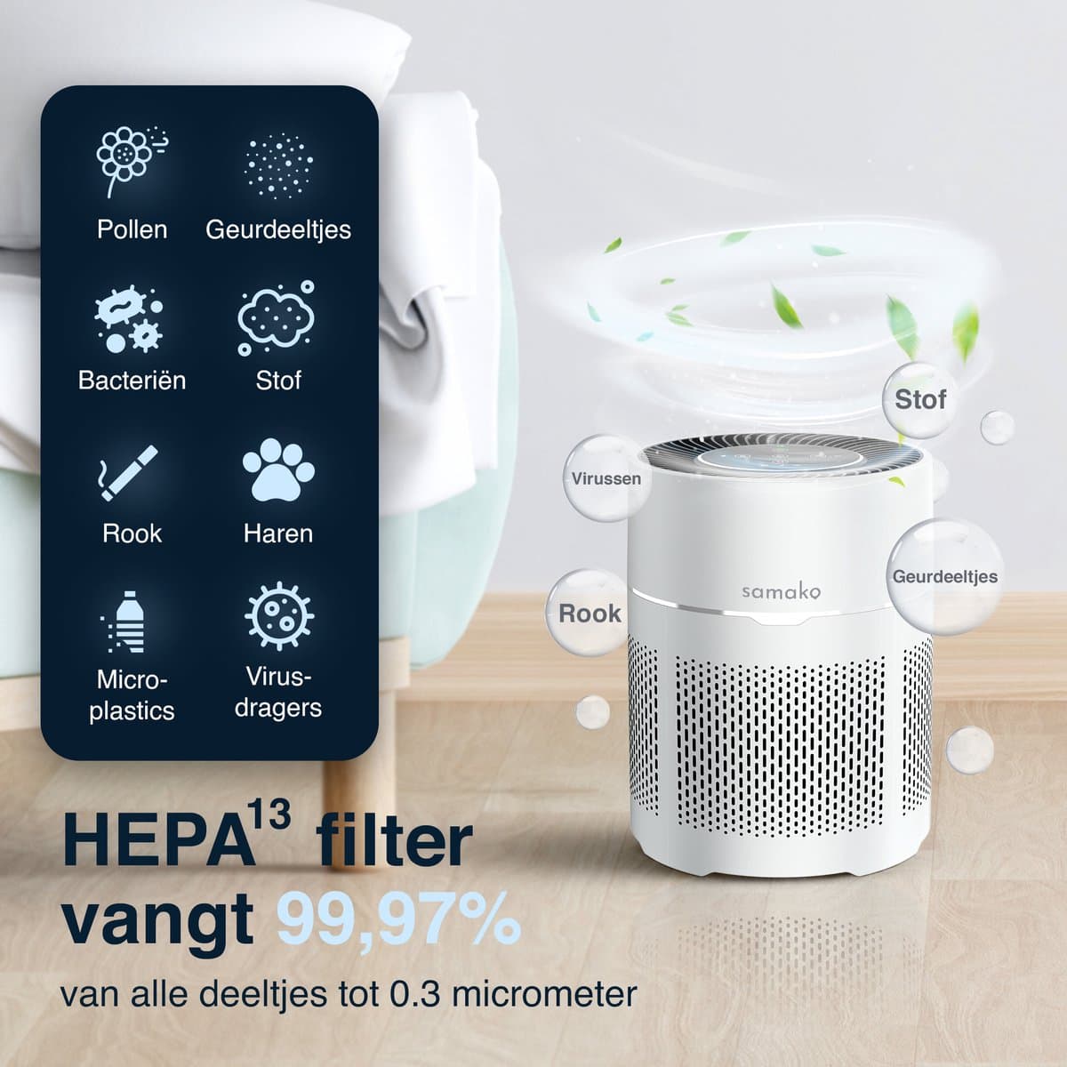 Samako Airflow - Luchtreiniger - Hepa 13 pro filter - Hooikoorts, huisdier allergieën, huisstofmijt - Luchtkwaliteitsindicator - Air purifier- Nederlandse app - Slaapstand thumbnail 3