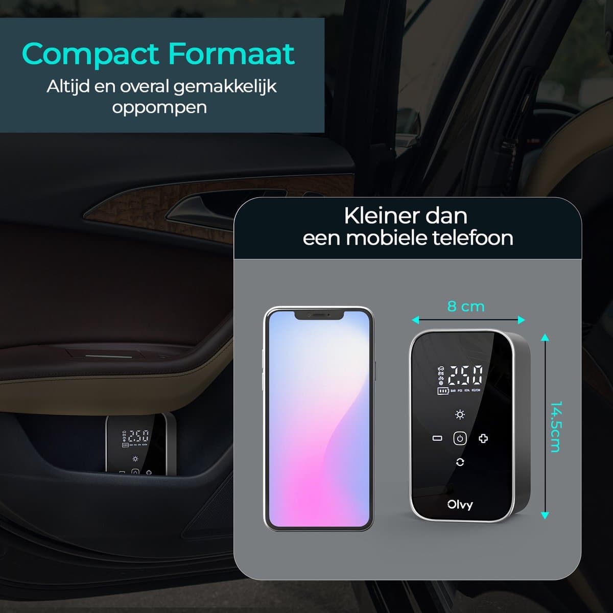 Olvy Compressor Bandenpomp - 12V & Draadloos - Draagbare Luchtcompressor - 6000 mAh - Elektrische Fietspomp - Fiets/Auto/Motor/Bal/Luchtbed thumbnail 8