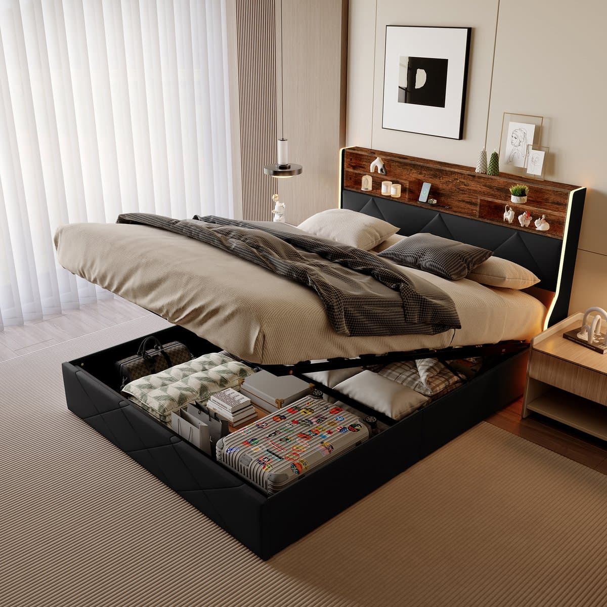 Zwart PU Tweepersoonsbed 160x200 cm – LED Hydraulisch Opbergbed met USB & Type-C, Hoofdbord met Opbergruimte thumbnail 4