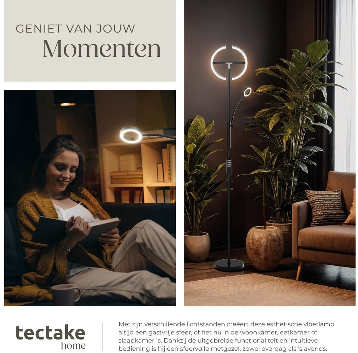 tectake® LED-Vloerlamp - Dimbare vloerlamp - Booglamp - Vloerlamp met leeslicht en afstandsbediening - Sfeerlicht voor woonkamer, slaapkamer, nachtkastje - Leeslamp of bureaulamp - Zwart thumbnail 7