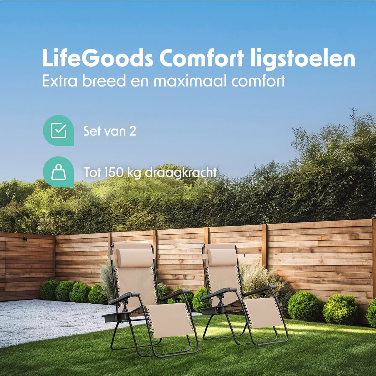 LifeGoods Opvouwbare Tuinstoelen - 2 Stuks - Ligstoel Tuin - 30°-90° Verstelbaar - Metaal - Beige thumbnail 2