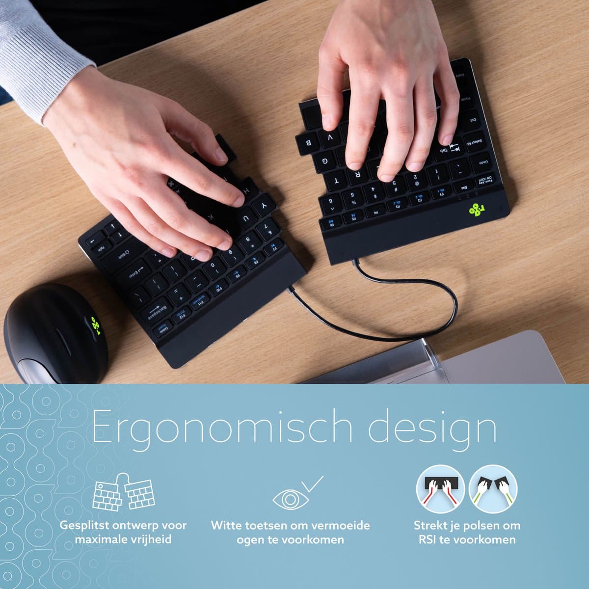 R-Go Split - Draadloos Ergonomisch Toetsenbord - Pauze-indicator - Gesplitst - US QWERTY - Zwart thumbnail 2