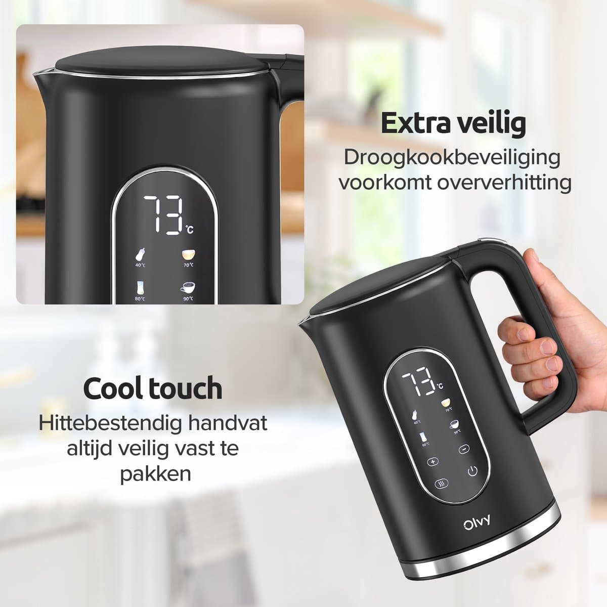 Olvy Waterkoker met Temperatuurregeling - Warmhoudfunctie - RVS - Dubbelwandig - Elektrisch - 1.7 Liter - 2200W - Zwart thumbnail 6